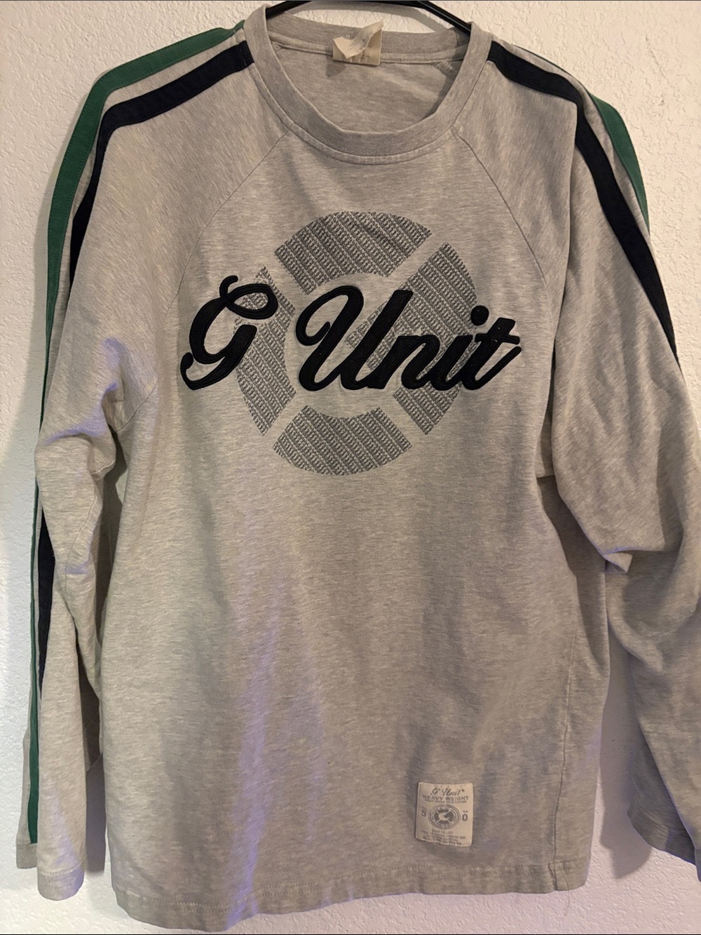 G-Unit Men’s Light Gray Crewneck Sweatshirt with Green & Black Shoulder Stripes